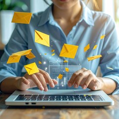 Woman typing on laptop sending digital emails with flying envelope icons.