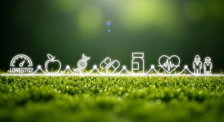 Health and wellness icons on a green grassy background with bokeh