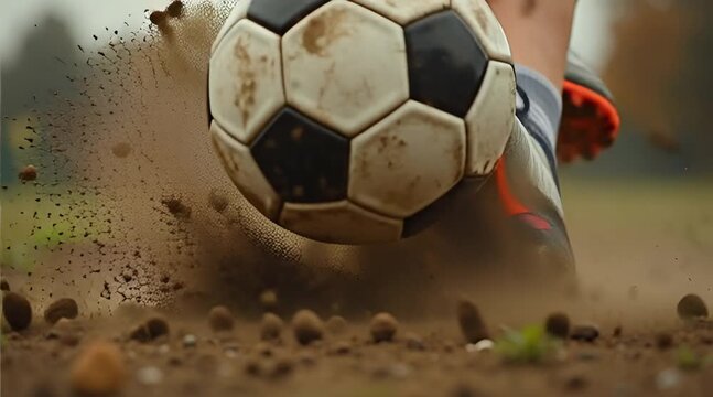 Dynamic close-up of a soccer ball being powerfully kicked on a muddy field resulting in a dramatic explosion and spray of dirt and soil