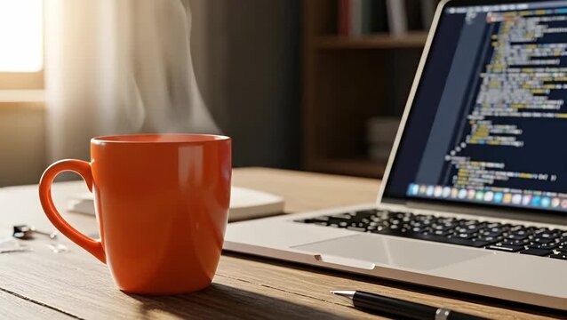 Hot coffee mug placed near laptop showing colorful coding lines on screen.