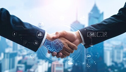 Modern Business Partnership Handshake with Digital Technology Overlay.