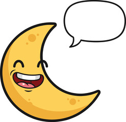 Cartoon crescent moon smiling face with happy expression, cheerful night sky illustration, cute character design, children’s storybook, playful vector
