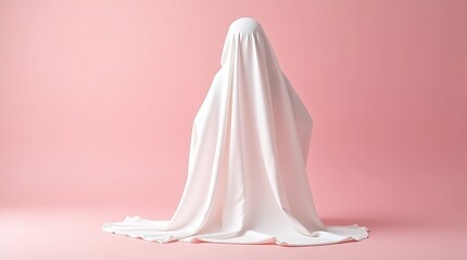 Minimal Ghost Figure in White Sheet on Soft Pink Background for Whimsical Display
