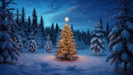 Christmas tree with star in snowy winter forest at night with snowfall