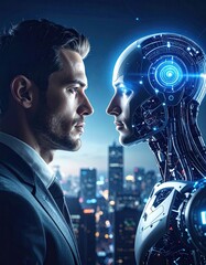 Man and Robot Face Off Future Technology Artificial Intelligence Collaboration.