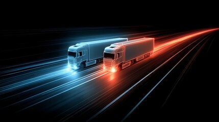 Two heavy goods vehicles move rapidly along a dark path with contrasting light trails