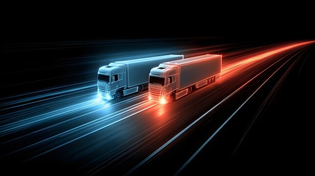 Two heavy goods vehicles move rapidly along a dark path with contrasting light trails