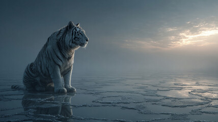 White tiger sitting on icy water with reflection during cold misty sunrise creating calm and peaceful atmosphere with animals in natural habitat