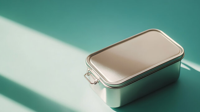 Sleek, silver container on a teal backdrop, bathed in natural sunlight. Minimalist design, ideal for carrying food or organizing small items. Clean lines and a modern aesthetic.
