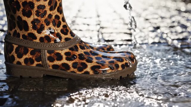 Stepping in Puddle With Leopard Print Rain Boot, Close Up