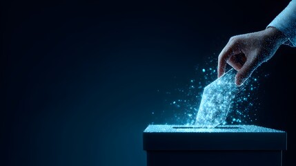 Illuminated digital hand places a glowing electronic ballot into a futuristic receptacle