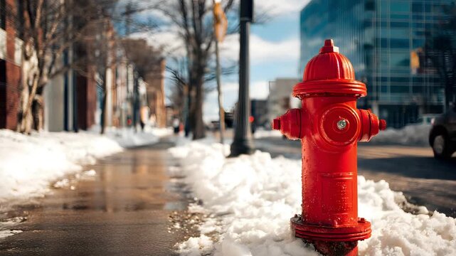 Red fire hydrant on snowy city sidewalk