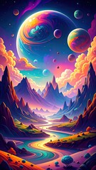 Vibrant Alien World Landscape with Cosmic Planets and Mountains.