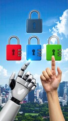 Robot and Human Hands Interacting with Digital Combination Locks Security Concept.