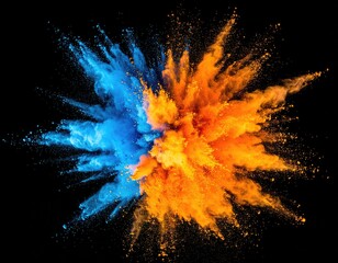 Vibrant blue and orange powder explosion against a dark background.