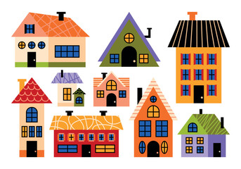 Various colorful small and tiny houses of different shapes, sizes and angles in cartoon comic style. Creative hand drawn vector retro illustration houses, buildings, windows, doors, roofs, chimneys.