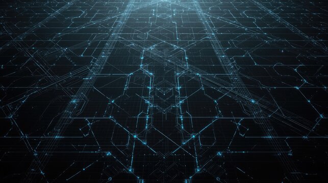 Modern technology grid with glowing blue lines connecting cyberspace pathways
