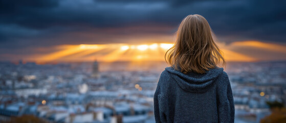 Young woman watching dramatic sunset over city skyline, contemplative mood