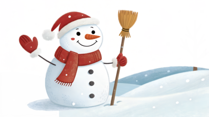 A friendly winter snowman with a red hat, scarf, and mittens waves, holding a broom, standing on snow, isolated on transparent background.