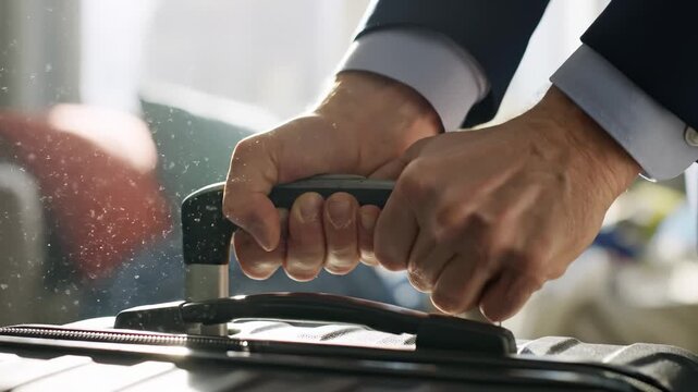 Close Up of Business Person Pulling Suitcase Handle Up