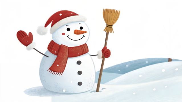 A friendly winter snowman with a red hat, scarf, and mittens waves, holding a broom, standing on snow, isolated on transparent background.