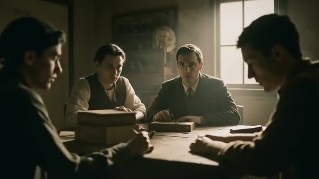 Four men engaged in discussion around a table
