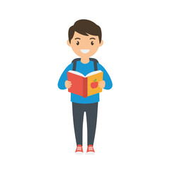 Young Boy Wearing Blue Sweater and Backpack Reads Open Book with Apple Illustration on Ground Cheerful Expression Flat Cartoon Vector Style