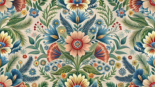 Bavarian folk flowers pattern, European Western botanical ornament, seamless alpine floral vector on cream background, traditional decorative motif for wallpaper fabric wrapping and surface design