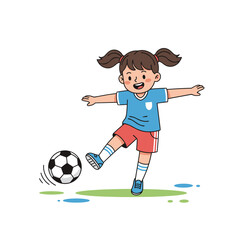 Young Girl Kicking Soccer Ball On Green Grass Field With Blue Accents During Daytime With Light Shadow