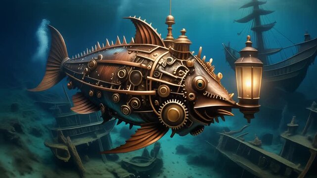 Steampunk Anglerfish Explores Deep Sea Shipwreck Graveyard