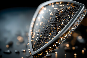 サイバーセキュリティの概念: 回路基板で構成されたデジタルシールド