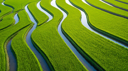 Lush green rice terraces cascade down the hillside, forming a vibrant tapestry of nature. Water channels snake through the fields, reflecting the sky above. A beautiful view!