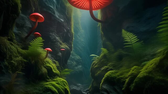 Enchanted Forest Grotto: Bioluminescent Mushrooms and Ancient Moss