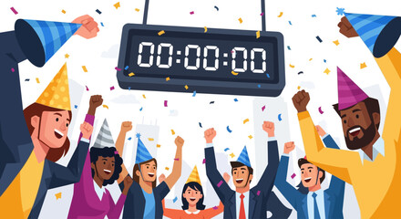A dynamic flat design illustration capturing the exhilarating moment of a New Year's Eve countdown, with people cheering as confetti rains down. This modern 2D vector graphic symbolizes new beginnings