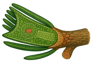 Plant cell cross section diagram showing internal cellular structure and tissue, vintage botanical illustration with transparent background