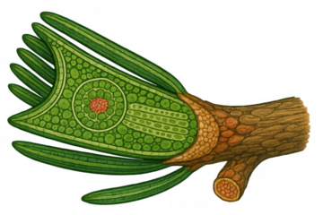 Plant cell cross section diagram showing internal cellular structure and tissue, vintage botanical illustration with transparent background