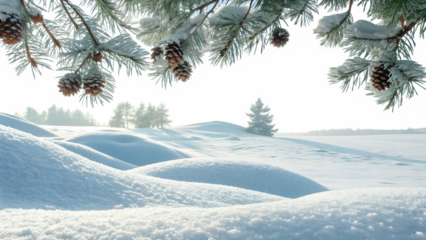 Snowy winter landscape with frost-covered pine branches and cones hangs above rolling hills and distant trees, isolated on a clean transparent background.