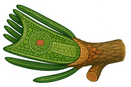 Plant cell cross section diagram showing internal cellular structure and tissue, vintage botanical illustration with transparent background