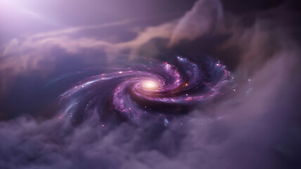 Vibrant purple spiral galaxy with glowing core surrounded by cosmic dust and nebulae in deep space