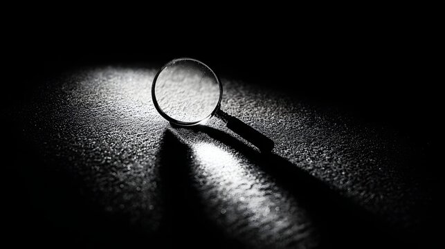 Magnifying glass rests on a textured surface illuminated by a focused spotlight in darkness