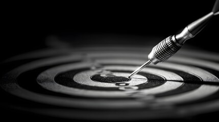Sharp metallic projectile firmly strikes the bullseye center of a concentric ring board in dramatic low key lighting