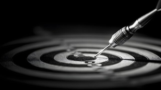 Sharp metallic projectile firmly strikes the bullseye center of a concentric ring board in dramatic low key lighting