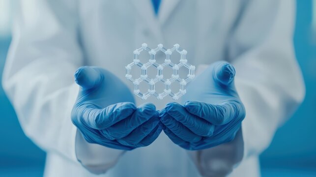 Scientist in Lab Coat Holding Molecular Structure in Hands with Focus on Chemistry and Research Concept in Modern Laboratory Environment