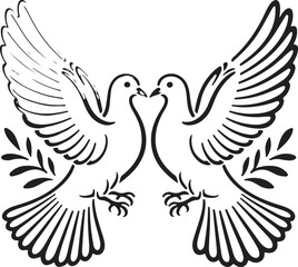 Two doves vector illustration holding olive branches representing peace and unity isolated on a black background