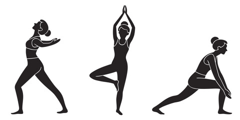 Three female yoga poses black silhouette fitness exercise