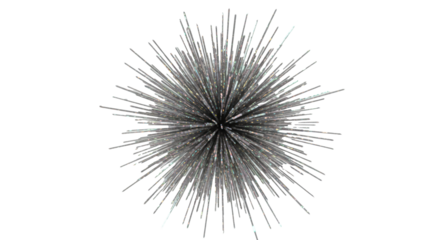 A dynamic central starburst, shimmering iridescent silver, radiating crisp metallic lines, with scattered glittering silver elements drifting against a transparent background, elegant festivity