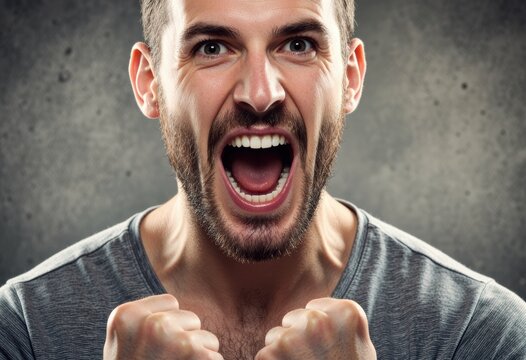 Intense man expressing anger with clenched fists and a fierce shout