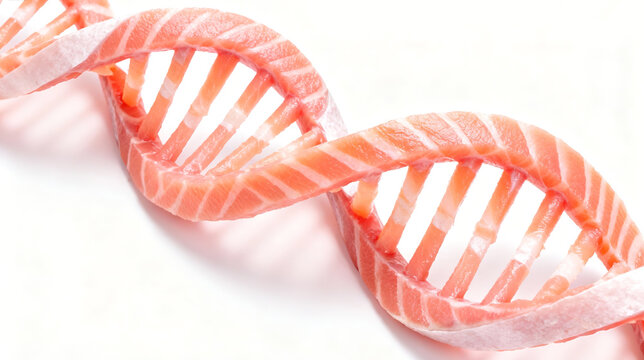 DNA Helix Icon Formed by Fresh Salmon Meat on Clean White Background