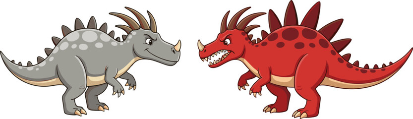 Cartoon dinosaurs facing, vector illustration, prehistoric animal artwork, dinosaur confrontation