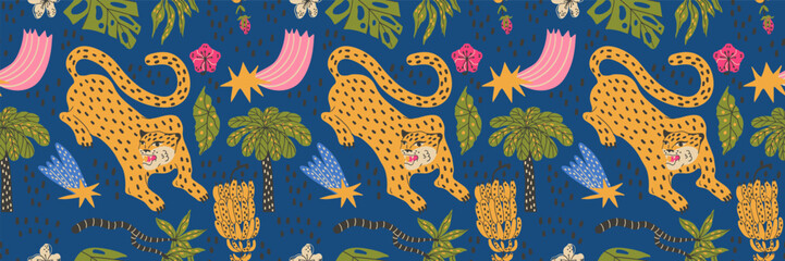 Seamless tropical pattern with jungle leopard animals and funky palm leaves. © Alyona_Uvarova